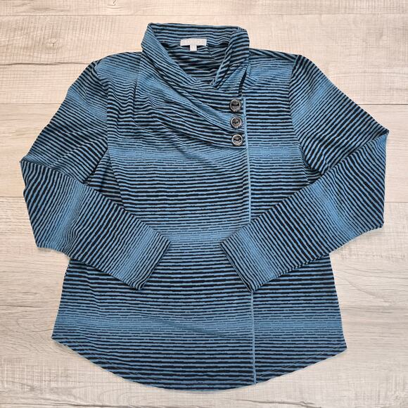Habitat Teal Black Striped Button Cowl Neck Stretch Top Womens Small Long Sleeve - Picture 5 of 9